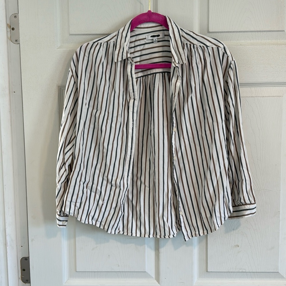 Madewell Womens XS Striped Button Front Viscose Long Sleeve Shirt Cream Brown